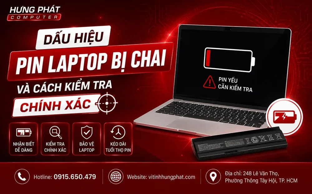 cách kiểm tra pin laptop bị chai — Dấu hiệu thực tế cho thấy pin laptop đang bị chai
